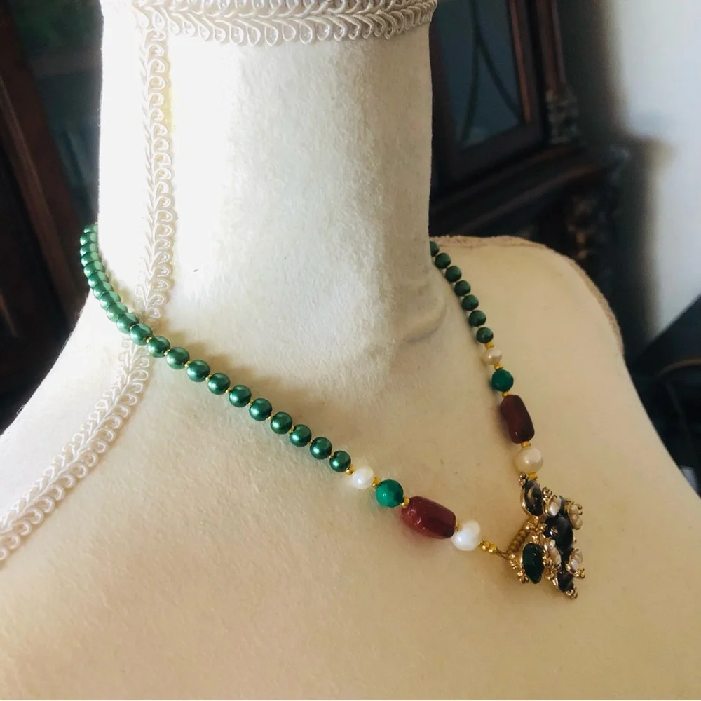Handcrafted repurpose regal look pendant Czech glass Pearl necklace